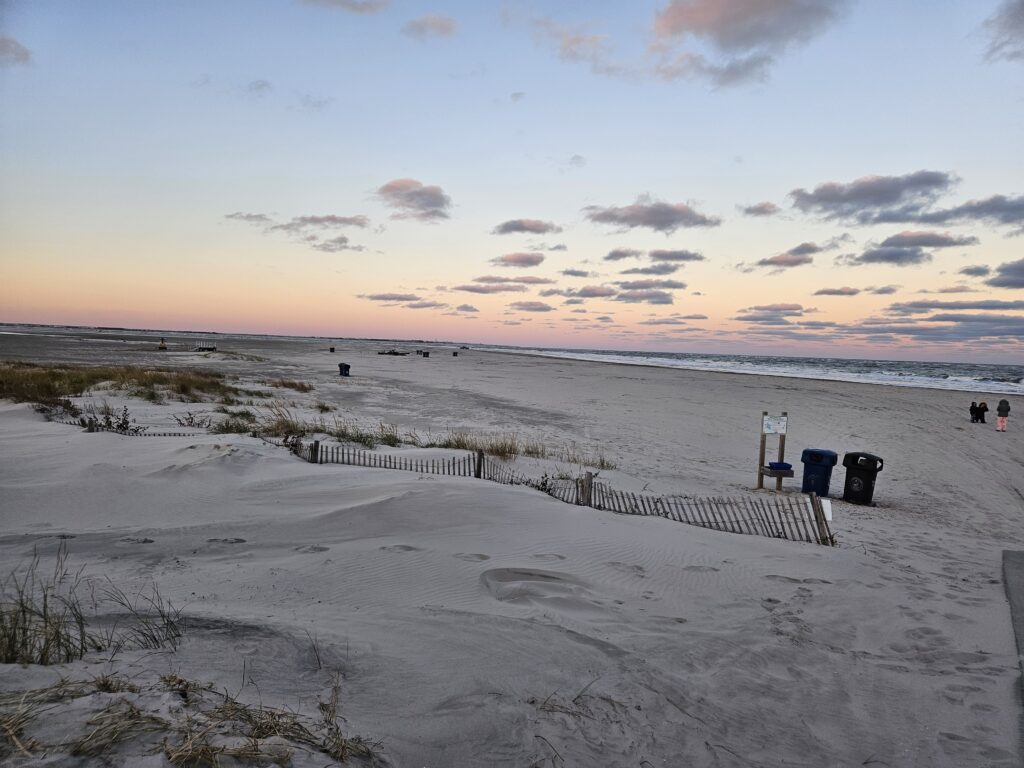 Bonfire on the beach in North Wildwood with a metal detector